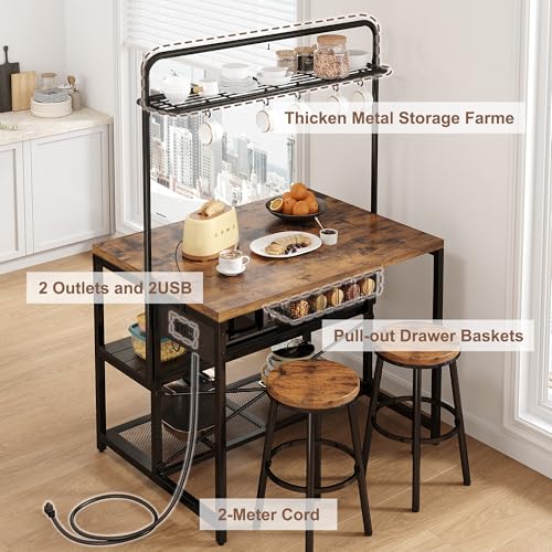 46" Large Kitchen Island Table Baker Rack with Power Outlet and 3-Tier Storage-Microwave Stand Oven Shelf, Metal Coffee Bar Table