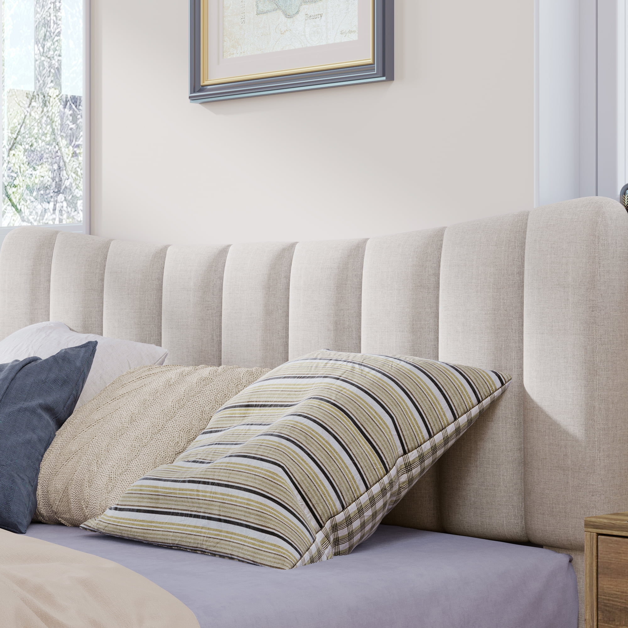 Paproos Bed Frame Queen, New Upgraded Upholstered Platform Bed with Vertical Channel Tufted Headboard, Solid Wood Legs, No Box Spring Needed