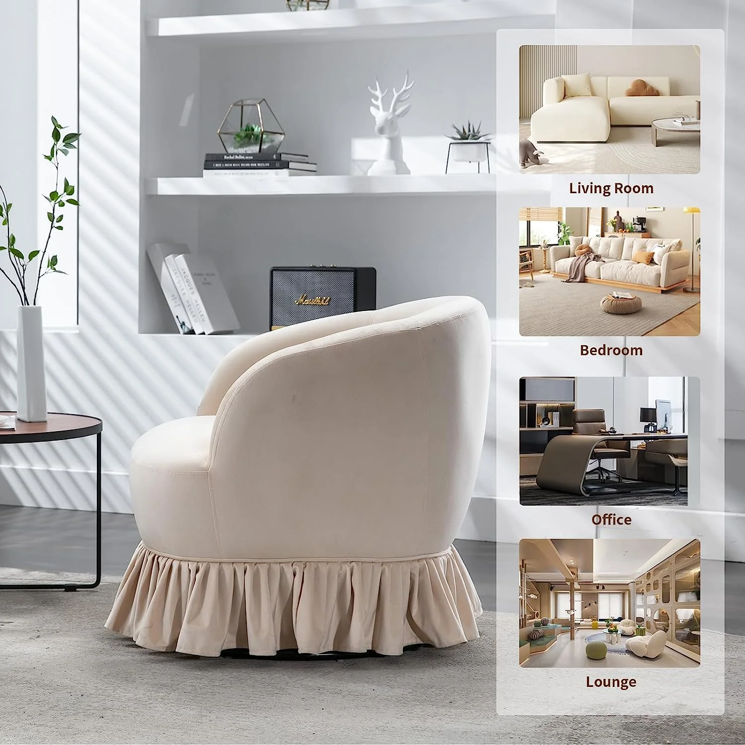 Tabaray Swivel Barrel Chair with Pleated Skirt, 360 Degree Swivel Barrel Club Chair, Comfy Velvet Round Sofa Chair for Living Room