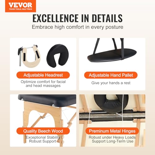 VEVOR Professional Wide Massage Table 30" W, Heavy Duty Folding Massage Table, 750LBS, 8-Level Height Adjustable Facial Salon Tattoo Bed
