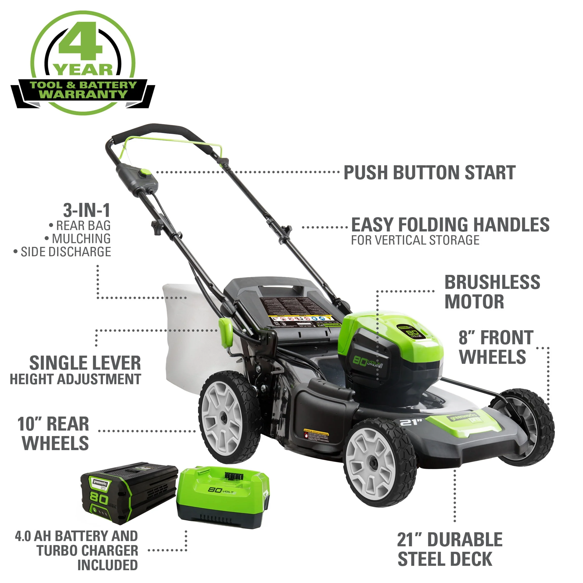 Greenworks 80V 21 Push Mower with (1) 4Ah Battery & Charger 2501202VT
