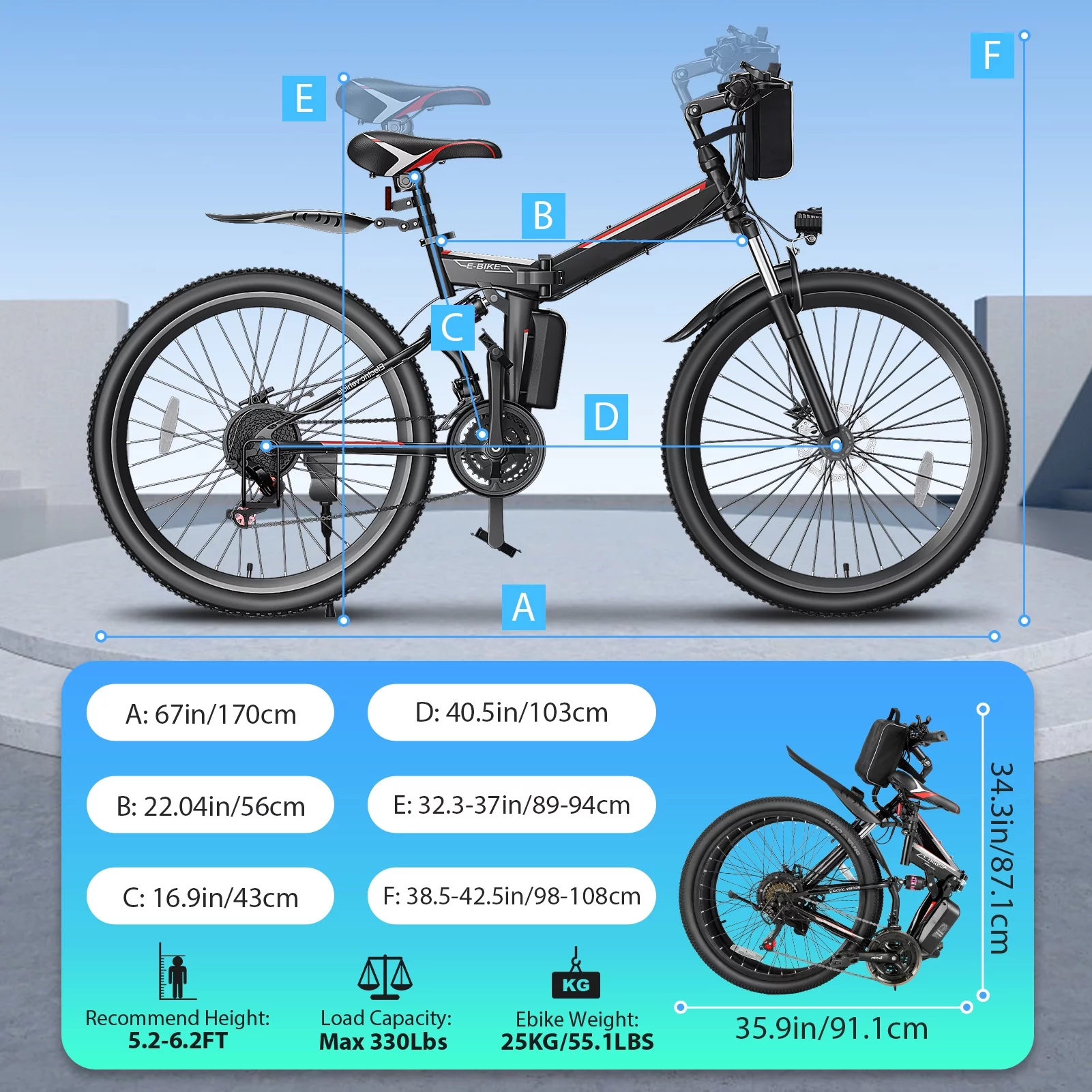 Elifine 500W 26" Electric Bike Folding Electric Mountain Bike for Adults, 48V 7.8Ah Battery Foldable Ebike, 21 Speed