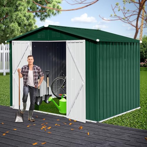 8x6 FT Outdoor Storage Shed, Metal Tool Shed with Lockable Doors, Peaked Roof & Frame Floor