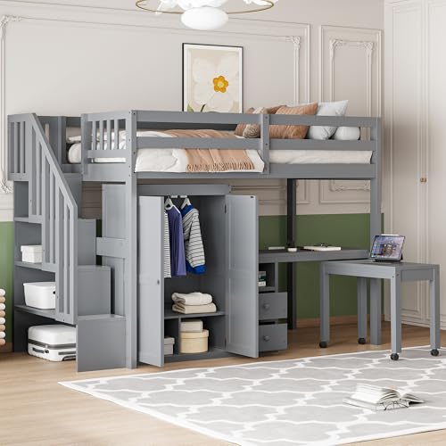 Harper & Bright Designs Twin Size Loft Bed with Stairs and Bookshelf, Wood Twin Storage Bed with Desk & Wardrobe