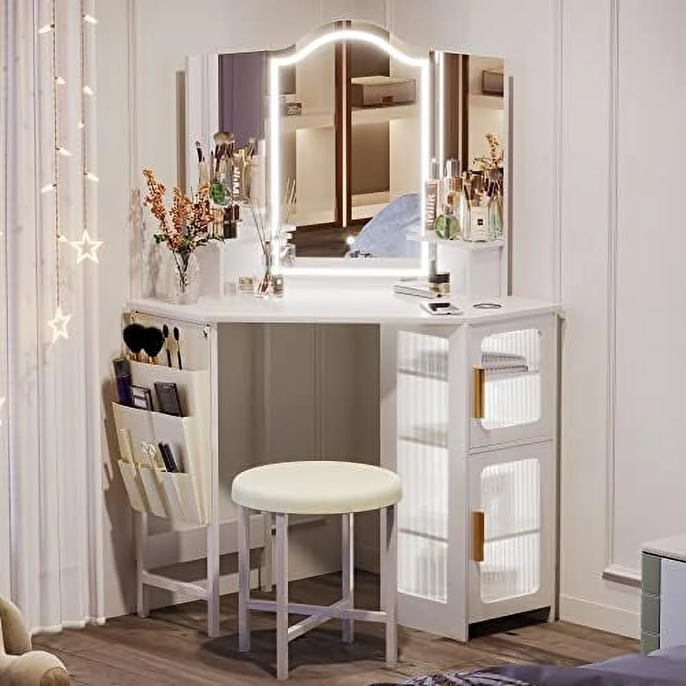 Vanity Desk with Mirror and Lights  Makeup Vanity with Charging Station  Dressing Table with 3 Lighting Options  Vanity Set with Drawers