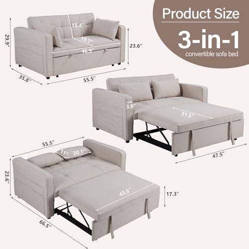 3-in-1 Convertible Sleeper Sofa Bed, Futon Couches with Pullout Bed, 2-Seater Loveseat Sofa with Storage Pockets