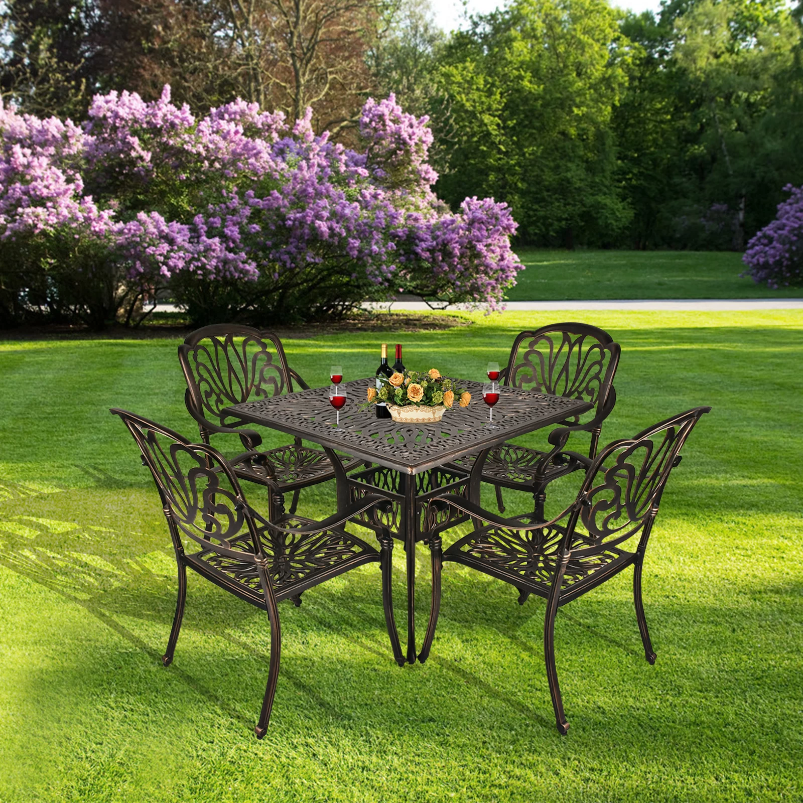 Magic Union 5-Piece Outdoor All-Weather Cast Aluminum Furniture Dining Set, Conversation Set with Umbrella Hole for Patio Garden Deck