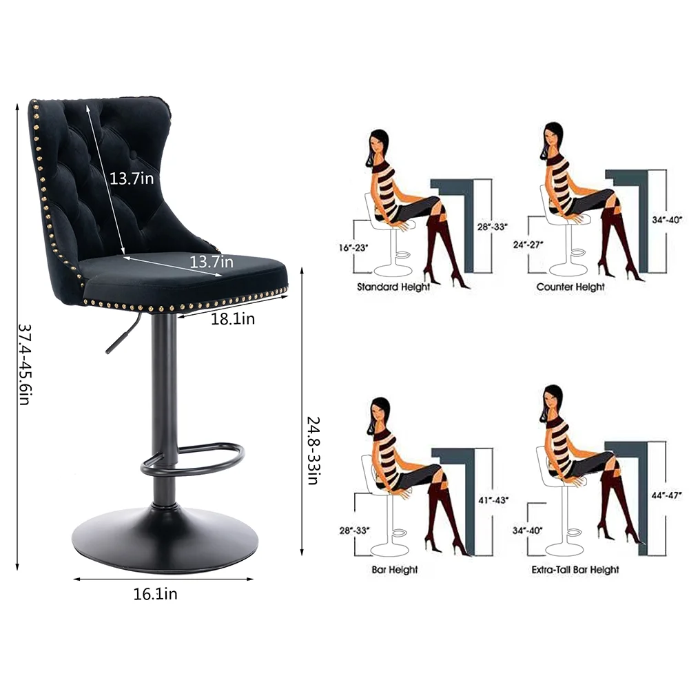 Lemacte Swivel Bar Stools Set of 4, Adjustable Counter Height Barstools with Nailheads Trim, Button Tufted Back and Black Footrest