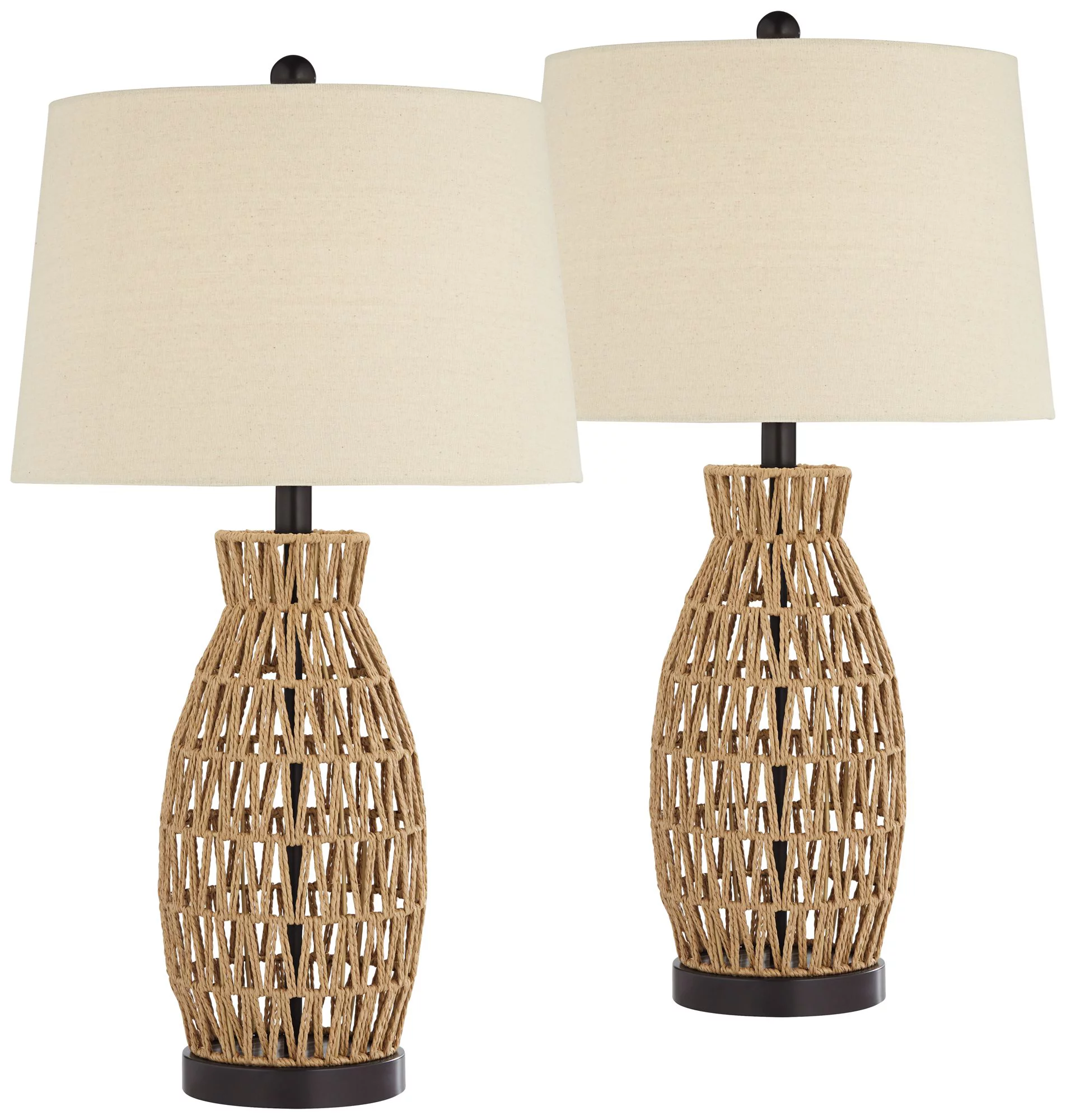 360 Lighting San Carlos Coastal Modern Table Lamps 29" Tall Set of 2 Natural Rattan Wicker Oatmeal Fabric Drum Shade for Bedroom Living Room Bedside