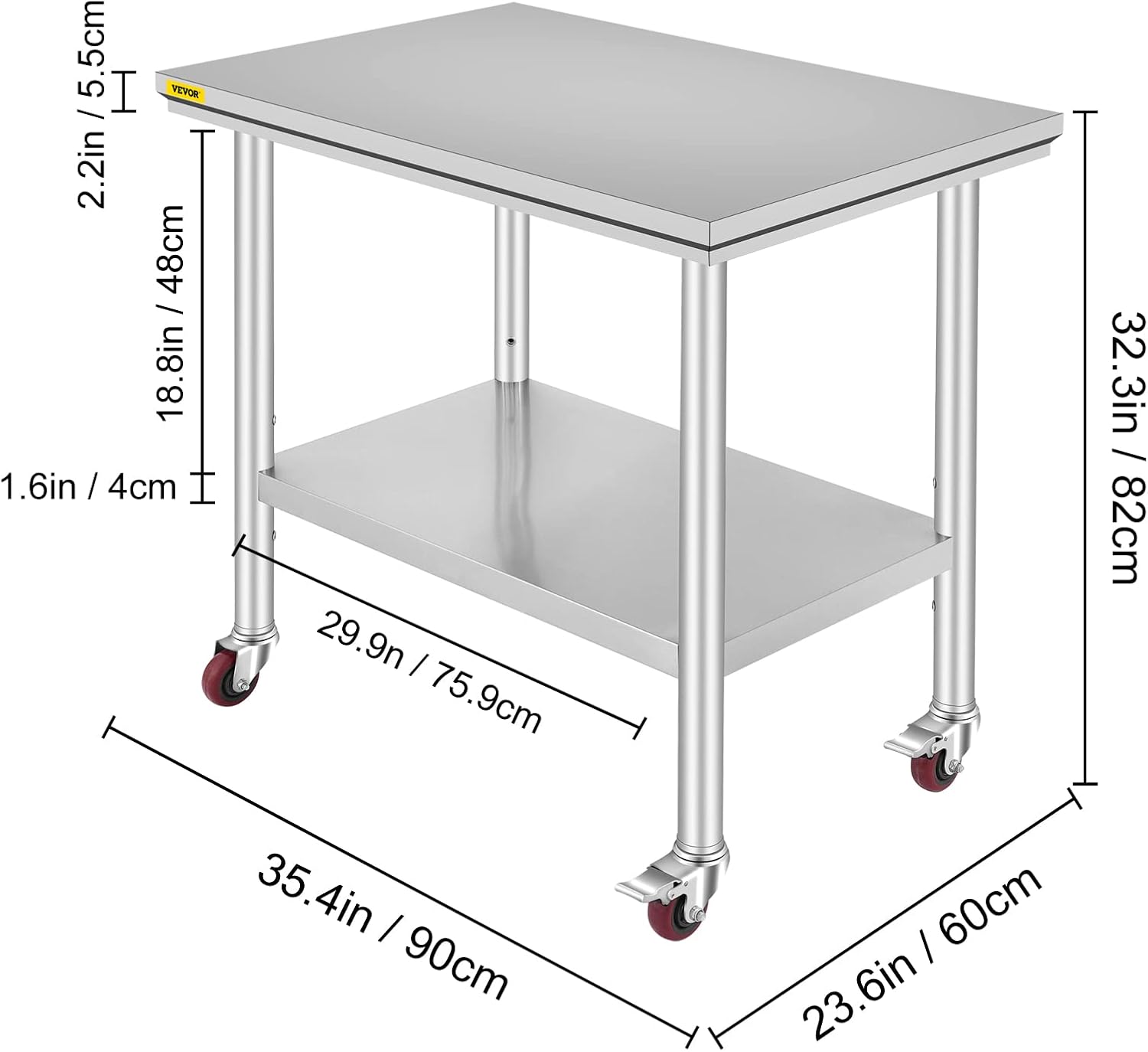 Mophorn Stainless Steel Work Table with Wheels 24 x 30 Prep Table with casters Heavy Duty Work Table for Commercial Kitchen Restaurant Business (24 x
