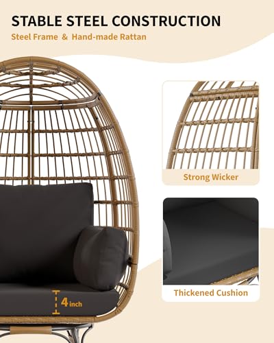 Oversize 360°Swivel Egg Chair Patio Rotating Rattan Egg Basket Lounge Chair, Wicker Egg-Shaped Chair w/Steel Frame Stand and 4 Cushions for Patio