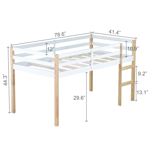 Low Loft Bed Twin Size, Kids Solid Wood Modern Loft Bed Frame with Ladder and Safety Guardrail for Girls Boys, Noise-Free,Non-Toxic Finishes