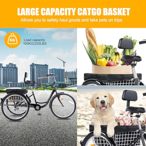 Adult Tricycles, 7 Speed Adult Trikes 26 inch 3 Wheel Bikes, Cruise Bike with Basket for Seniors, Women, Men for Recreation, Shopping, Exercise