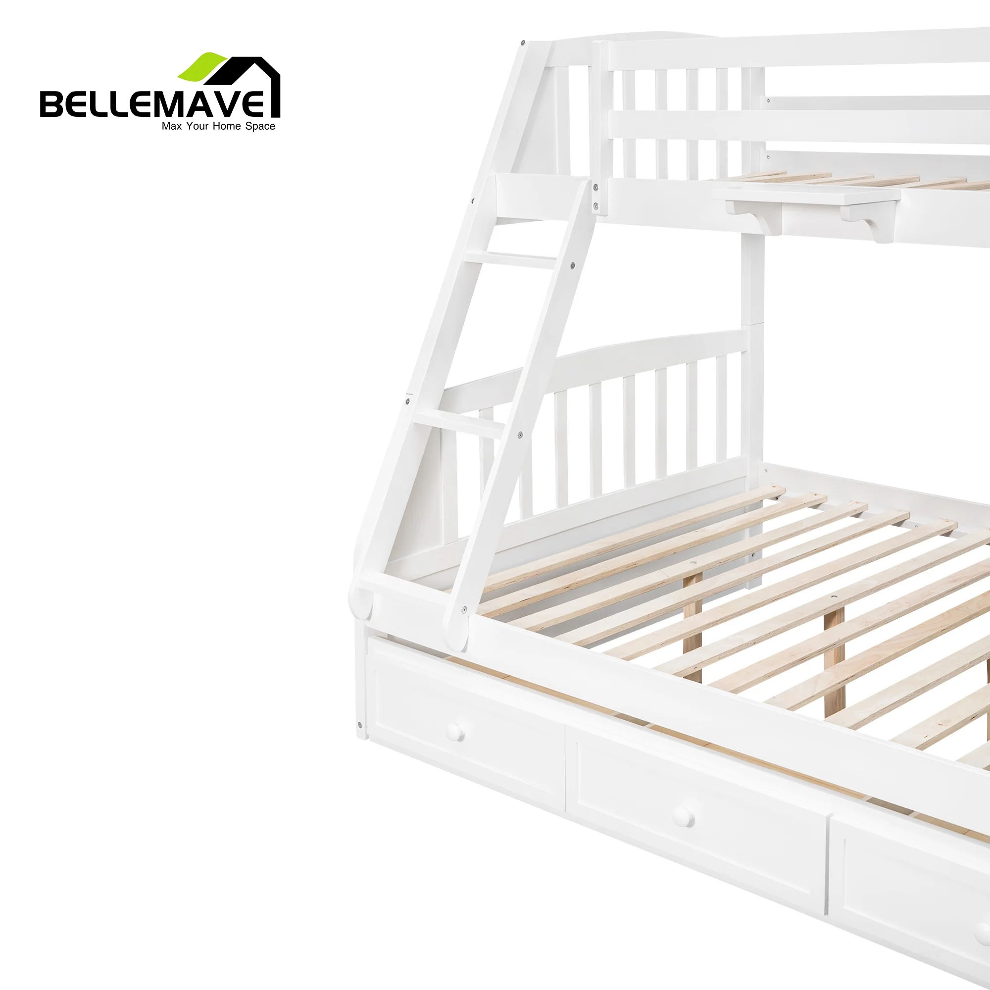 BELLEMAVE Twin over Full Bunk Bed with there drawer, bulid in ladder and storage stairs, Convertible into 2 beds
