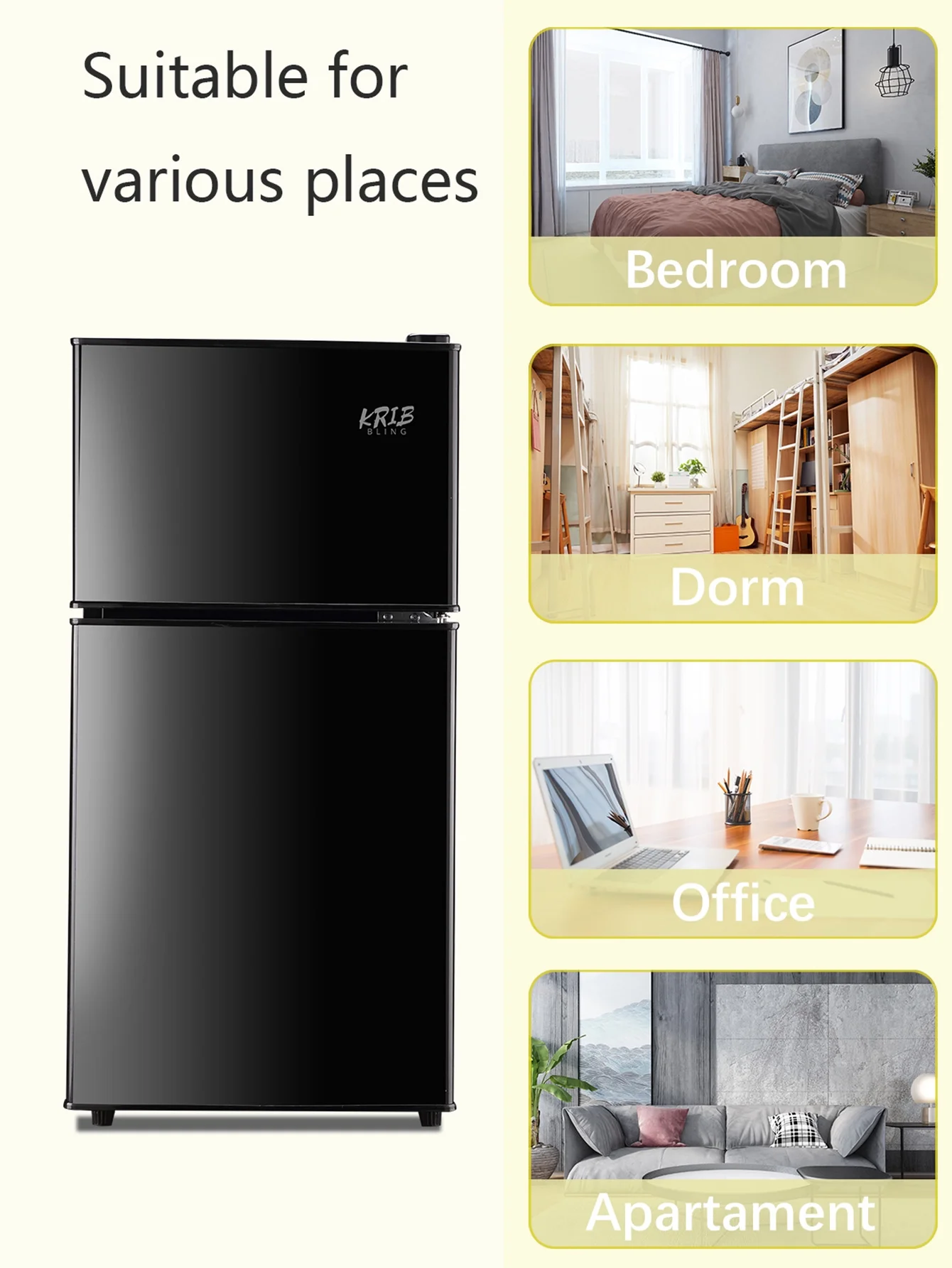 KRIB BLING 3.5 Cu.ft Mini Fridge with 7 Level Thermostat, Compact Refrigerator with Freezer on Top, Ideal for Dorm, Office, Black