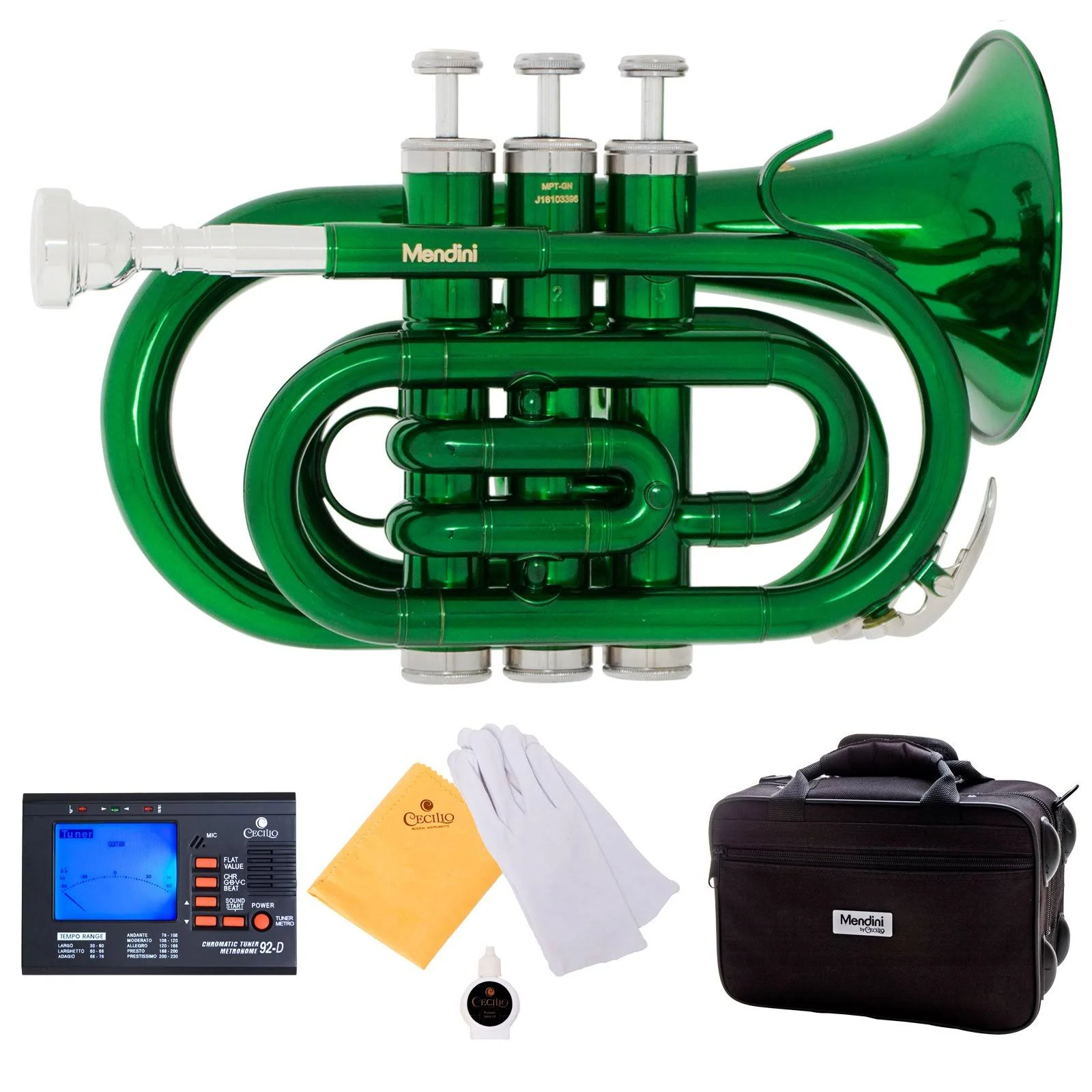 Mendini MPT-GN Green Lacquer Brass Bb Pocket Trumpet with One-Year Warranty, Tuner, Valve Oil and Deluxe Case