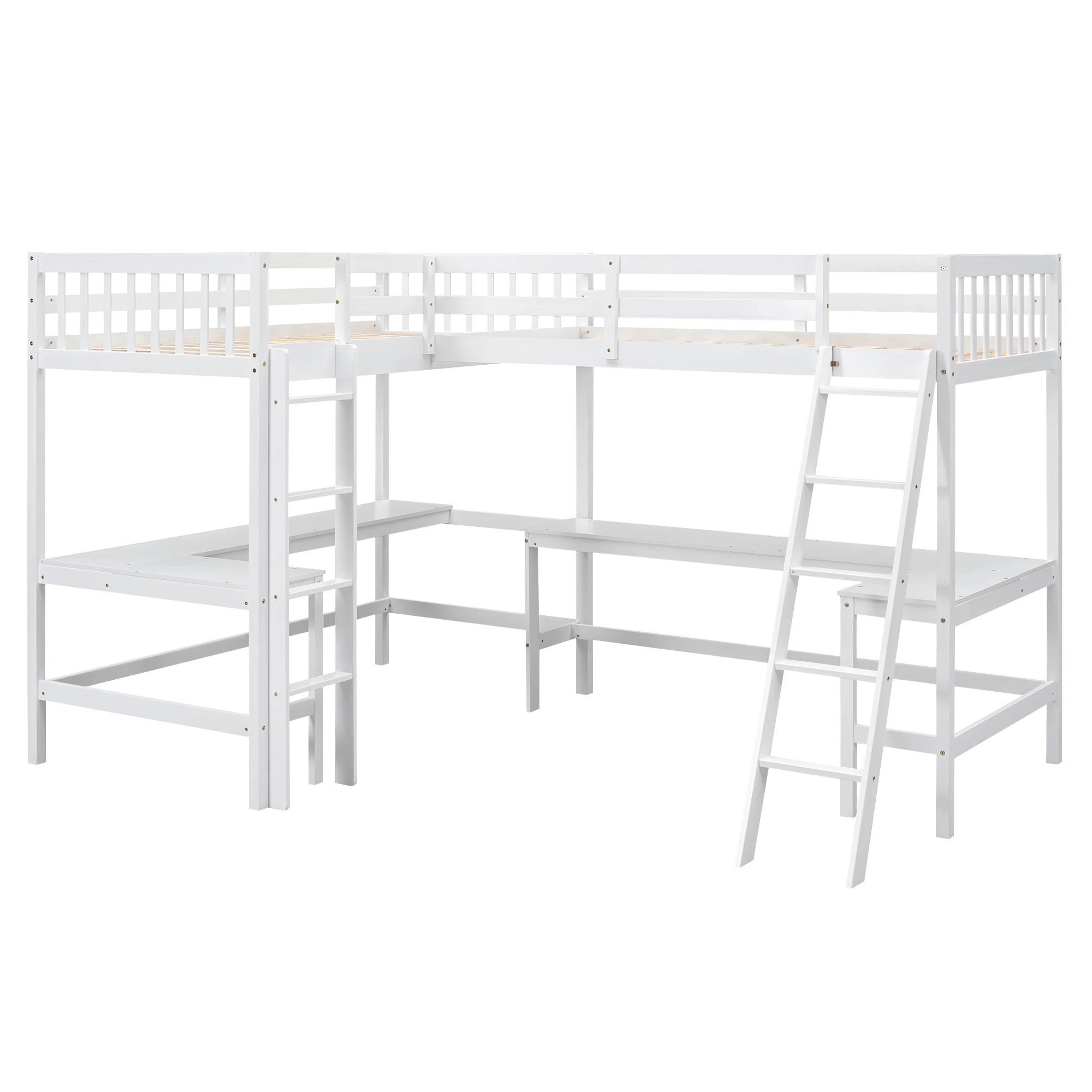 Euroco Twin Size L-Shaped Wood Loft Bed with Built-in Desks, 2-in-1 Loft Bed for Kids Teens Adults, White