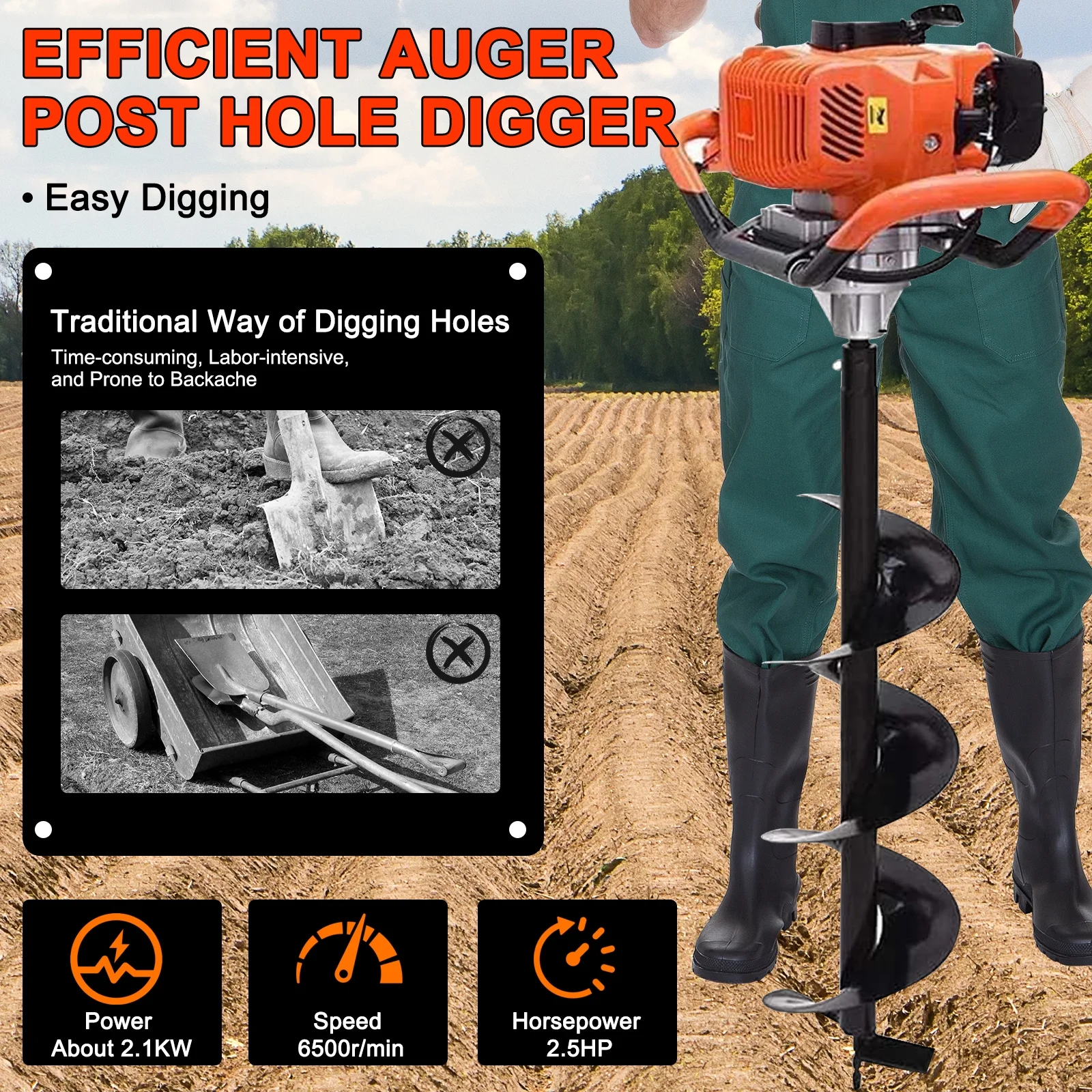 JSTUOKE 62cc 2100W Post Hole Digger 2 Stroke Petrol Gas Powered Earth Digger with 2 Auger Drill Bits ( 6" 10") + 2 Extension Rods for Farm Garden