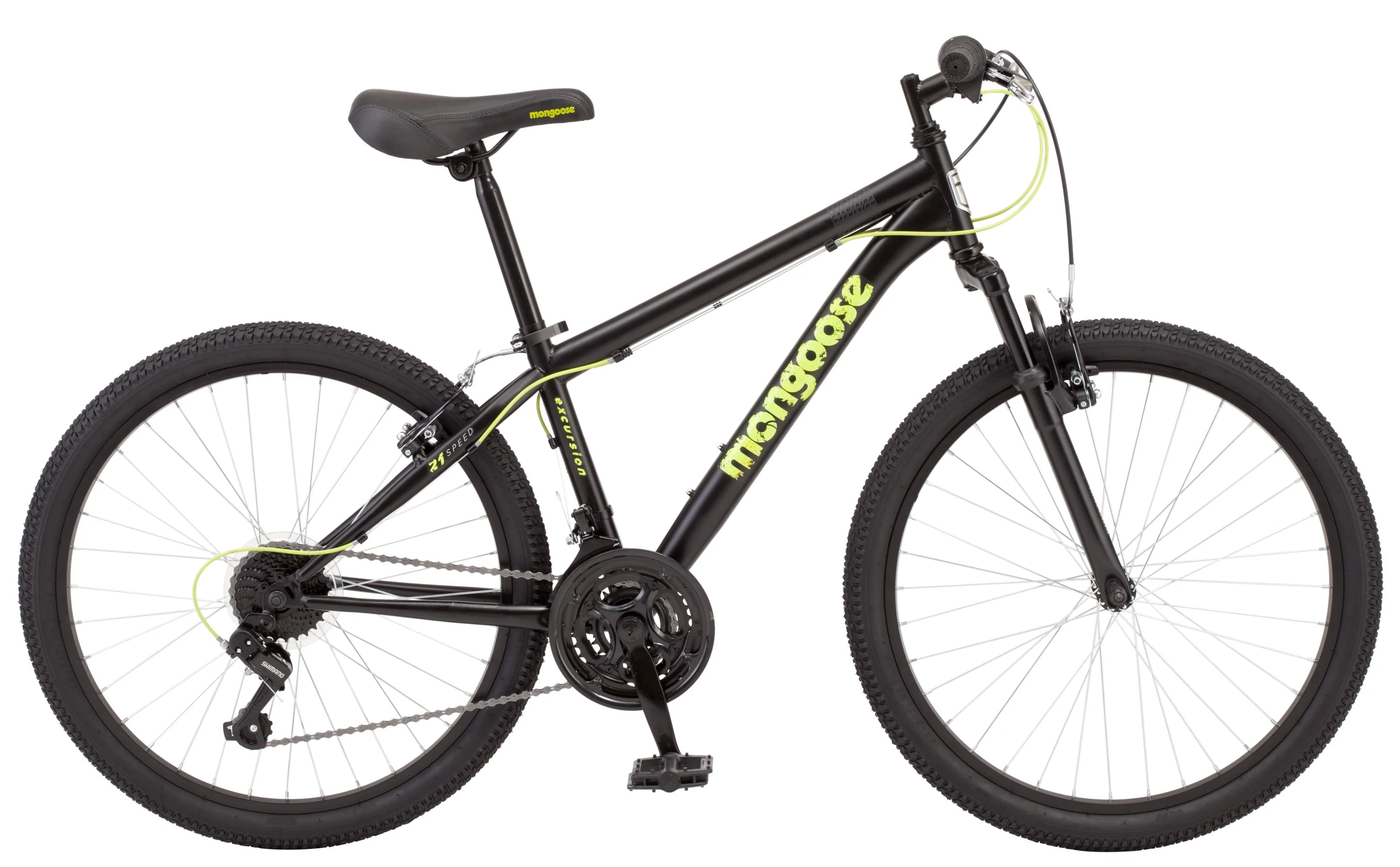 Mongoose Excursion mountain bike, 24-inch wheel, 21 speeds, boys, black