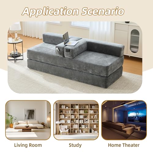 Convertible Sleeper Sofa Bed with Cylindrical Pillow, Corduroy Folding Mattress Couch with Fixed-Shape Frame