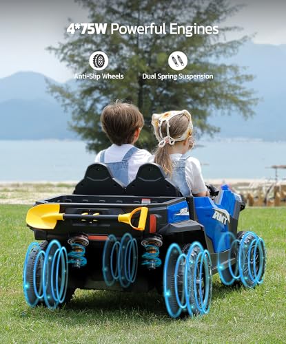 ELEMARA 24V Ride on Toy for Big Kid,Ride on Car 2 Seater w/Sun Shade,Dump Bed & Shovel,4.5MPH,4WD Electric Car for Kids,Battery Car w/Remote
