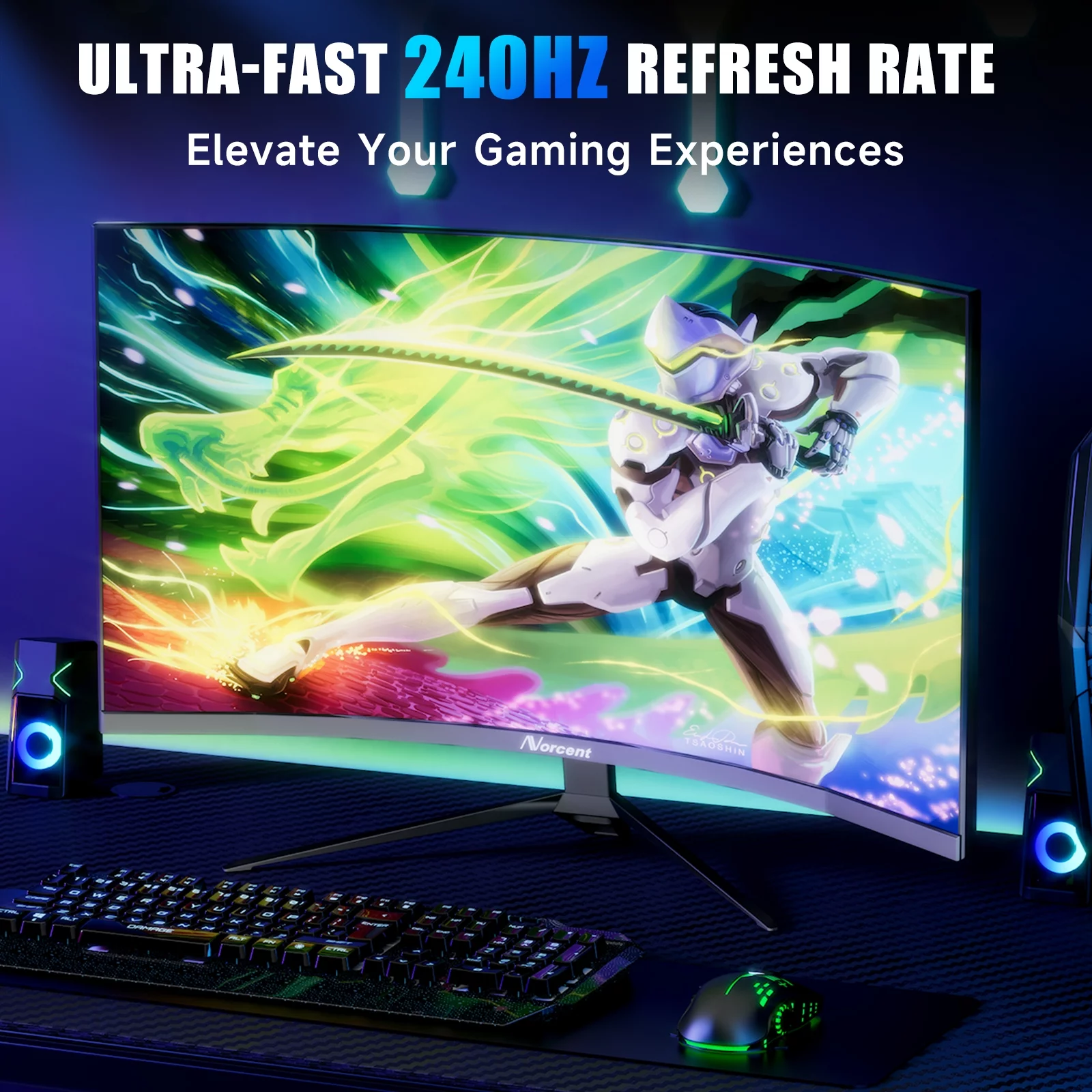 Norcent 27-inch FHD VA Gaming Curved Monitor with Rainbow Lights, 240Hz Refresh Rate, Eye Care 1080P Display, FreeSync G-Sync Compatible