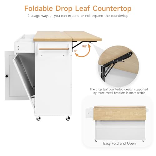 60" Kitchen Island with Power Outlet & Drop Leaf, Kitchen Rolling Island with Spice Rack & Towel Rack, Knife Holder