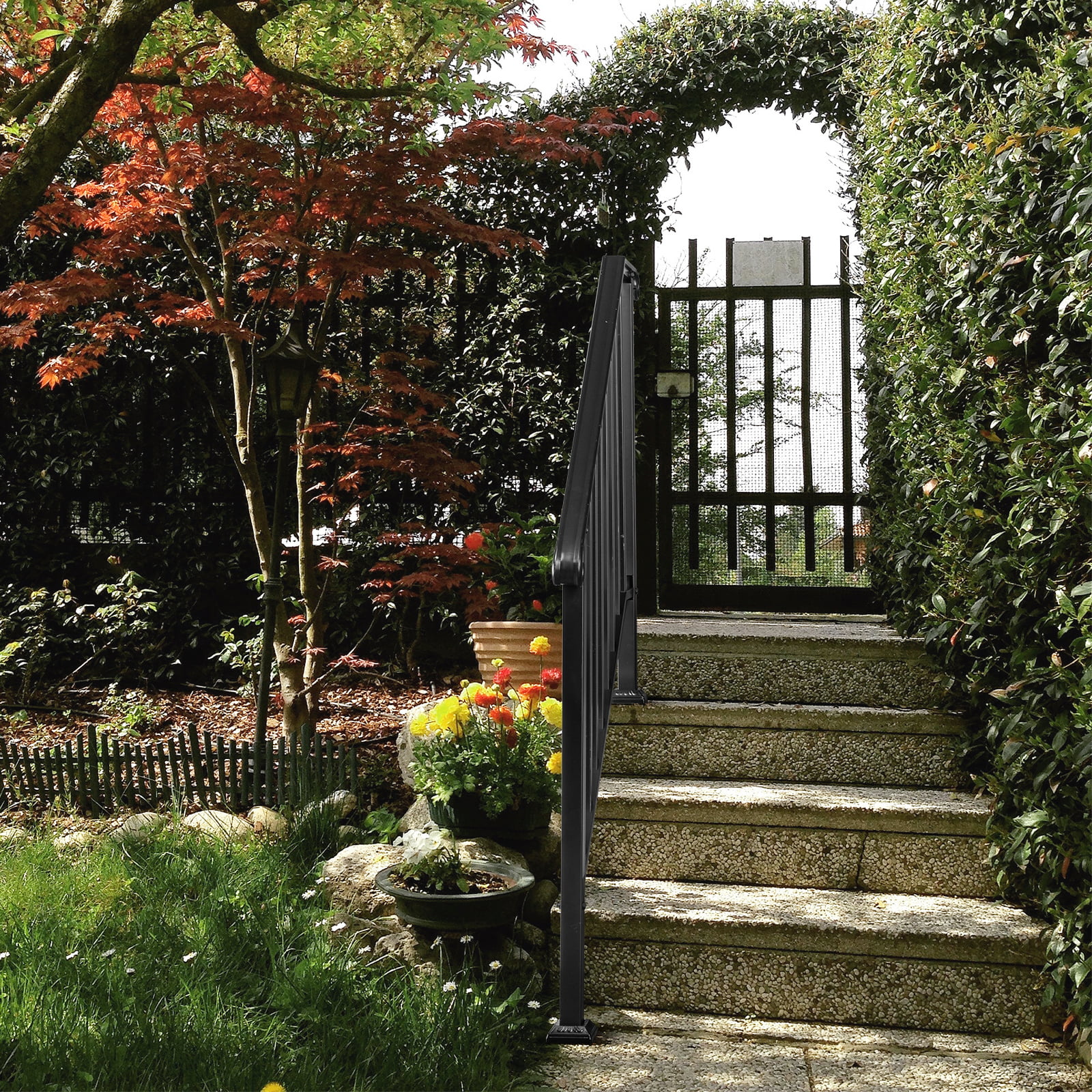 4 Step Handrails for Outdoor Steps, Fit 3 or 4 Steps Outdoor Stair Railing for Concrete Steps, White Wrought Iron Railing