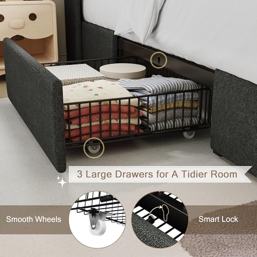 Queen Bed Frame with 4 Storage Drawers and Charging Station, Upholstered Platform Bed Frame with Storage Headboard, No Box Spring Needed