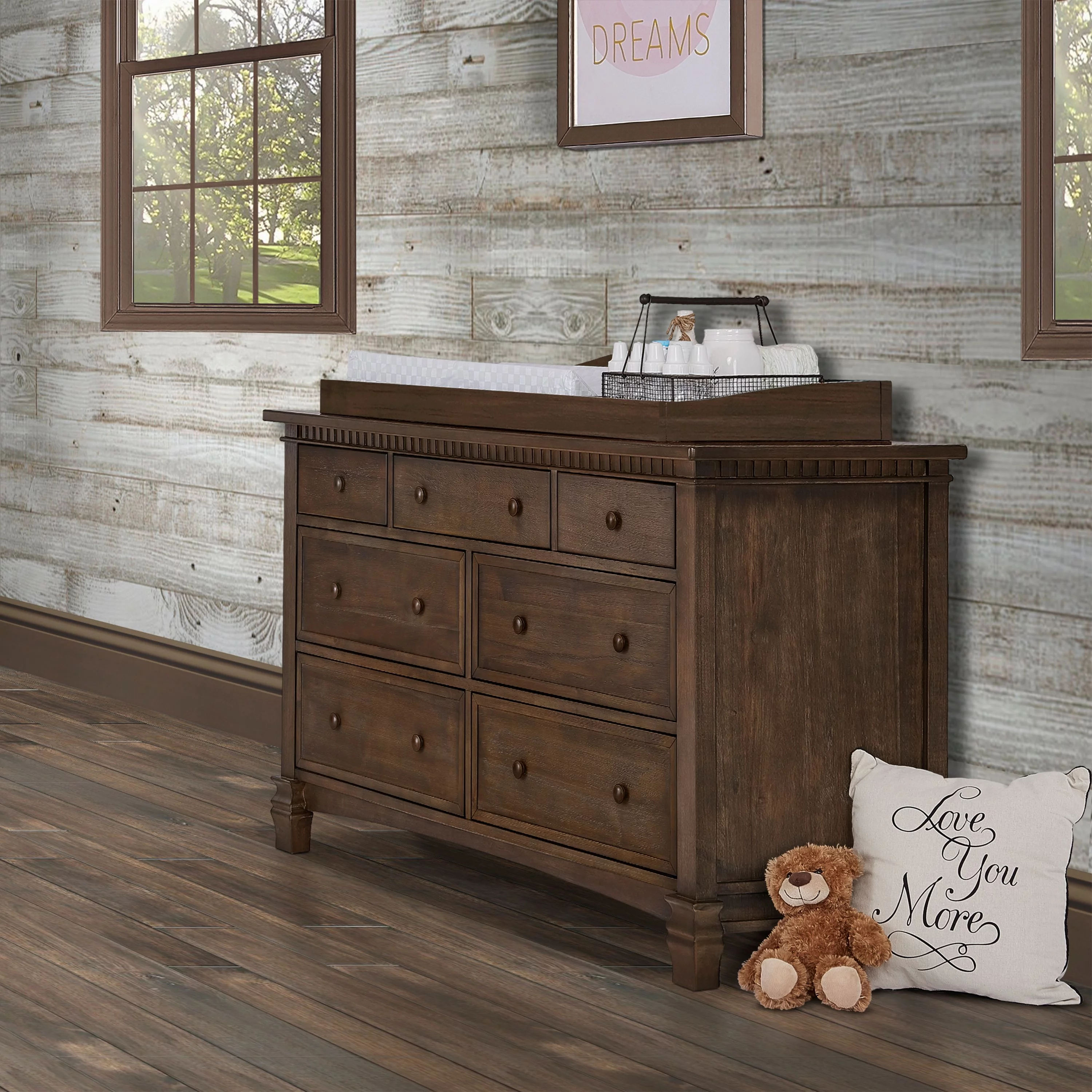 Evolur Cheyenne and Santa Fe Double Dresser, Antique Brown, 7 Drawers