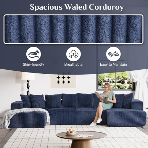 131" Modular Sectional Sofa Cloud Couch, Corduroy Memory Foam Black Sectional Couches for Living Room, Modern Deep Seat Boneless Sofa
