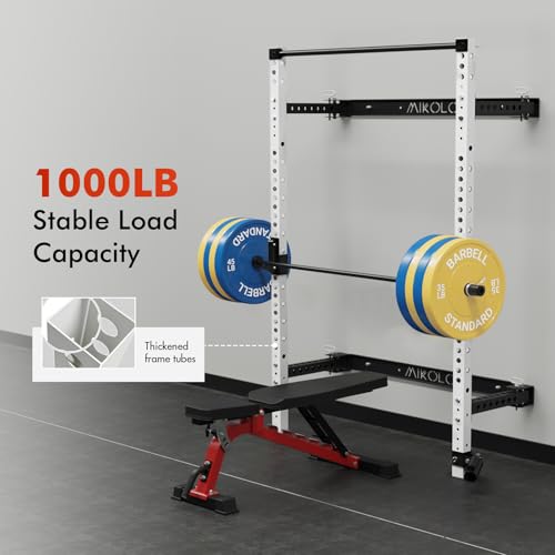 Mikolo 2" x 2" Folding Wall Mounted Squat Rack, 1000 Pounds Capacity Power Rack with Pull Up Bar, J Hooks and Other Attachments, Space-Saving Home Gym