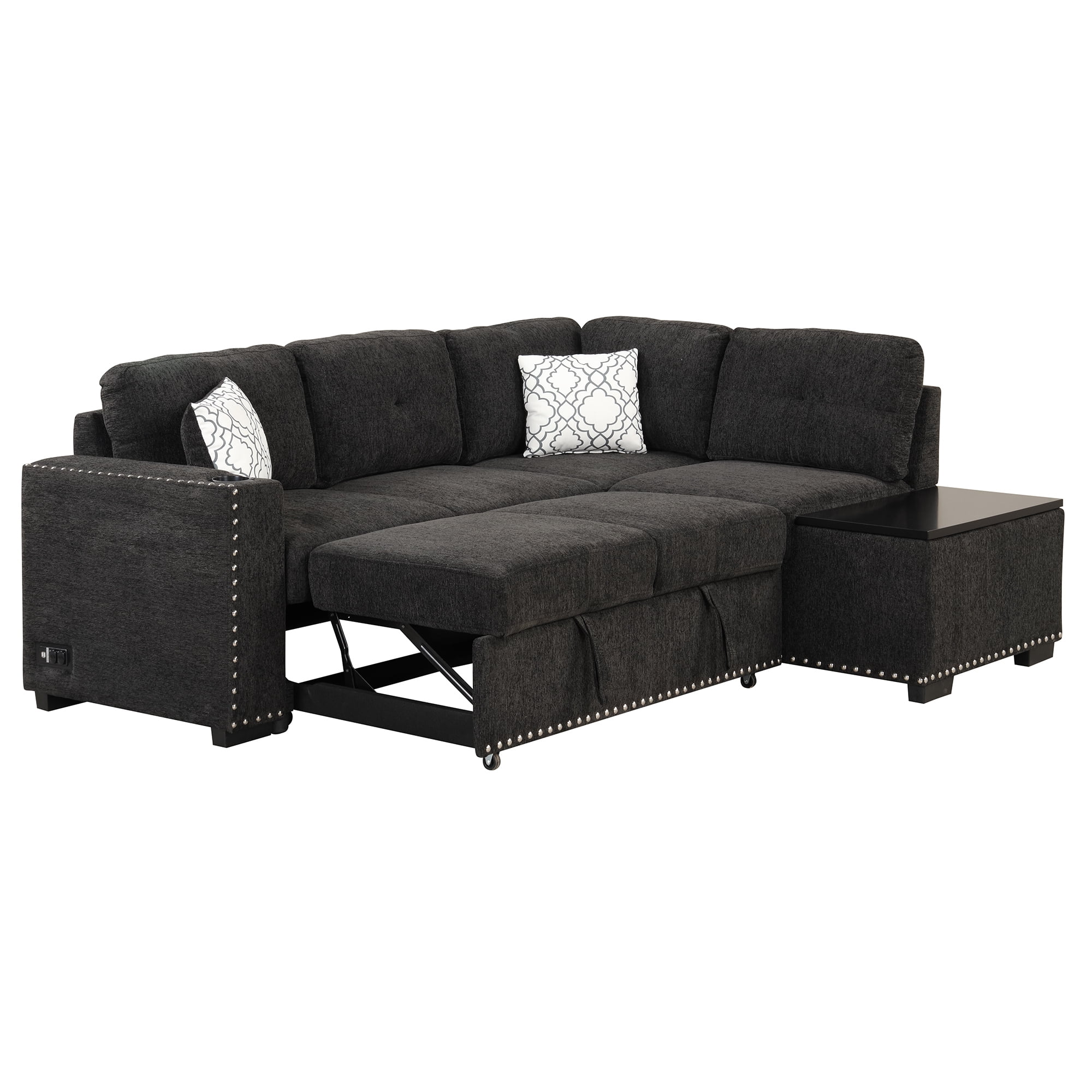 Reversible Sectional Pull-Out Sofa Bed L-Shaped Corner with Storage Chaise, Black