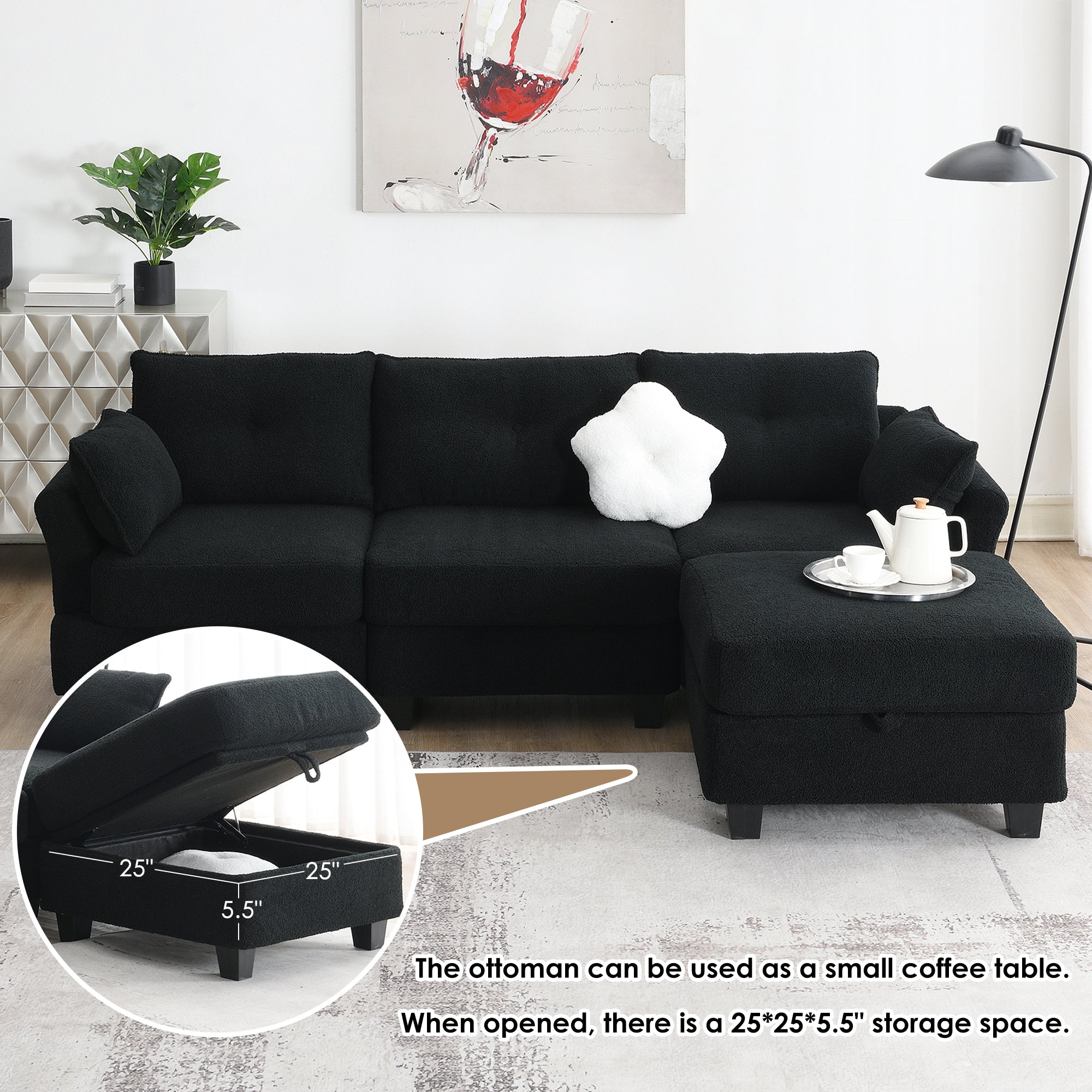 Fayen Velvet Sectional Sofa with Storage Ottoman - Black