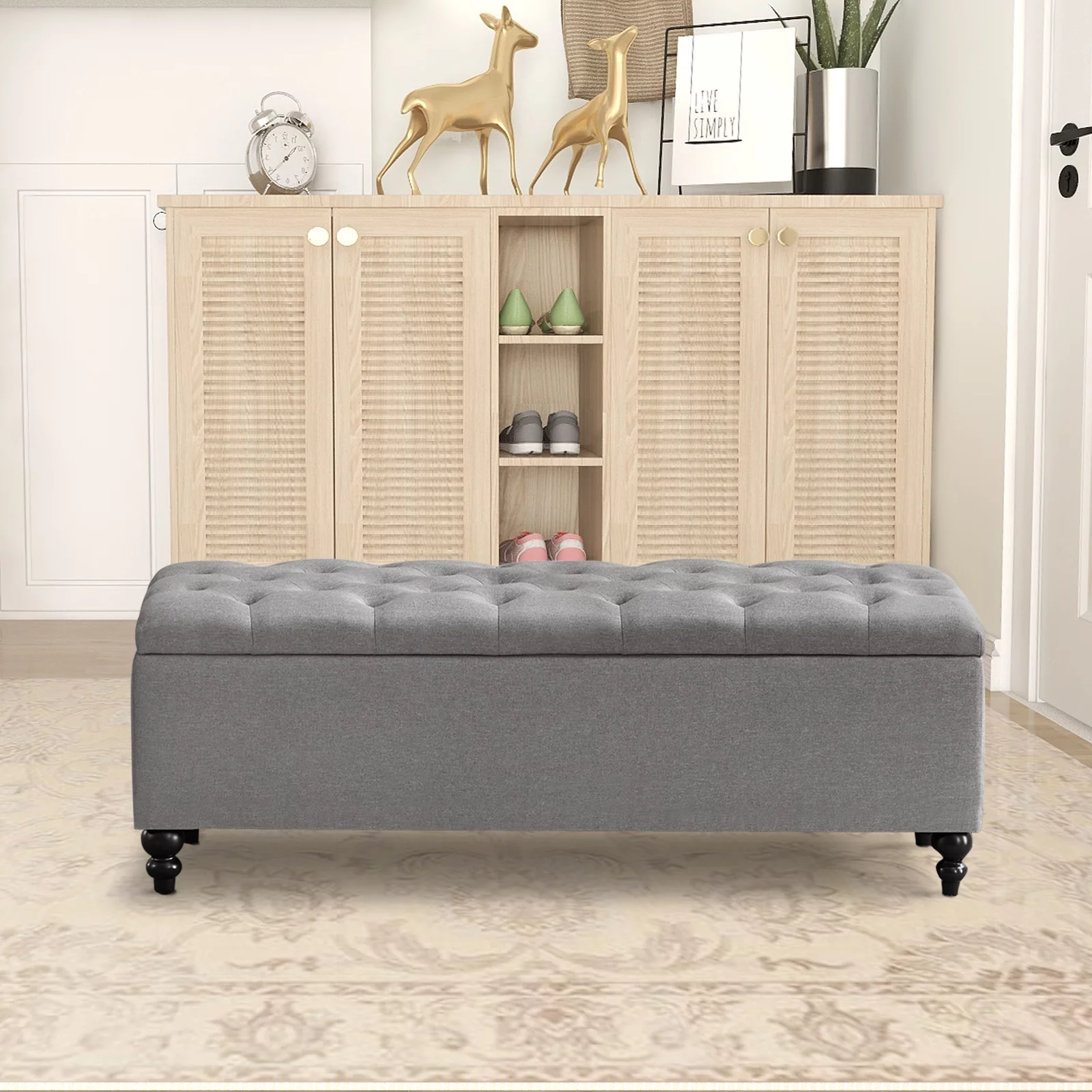 Ottoman with Storage 50.2 Inches Upholstered Fabric Storage Ottoman Bench，Button Tufted Ottoman with Storage for Living Room，Bedroom End of Bed Bench