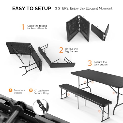 VINGLI Picnic Table Set with 2 Benches, 6 Feet Camping Table Chair Set,3-Piece Folding Furniture for Indoor or Outdoor Use, Smooth Tabletop, White