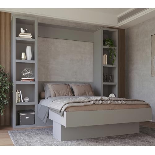 Oakland Living Easy-Lift Queen Murphy Wall Bed in Brown Wood Grain with Two Bookshelves