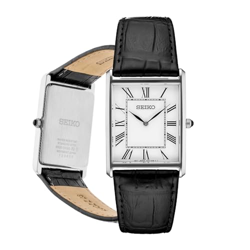 SEIKO Essentials Watch for Men - Essentials - Water Resistant with Stainless Steel Rectangular Case and Leather Strap