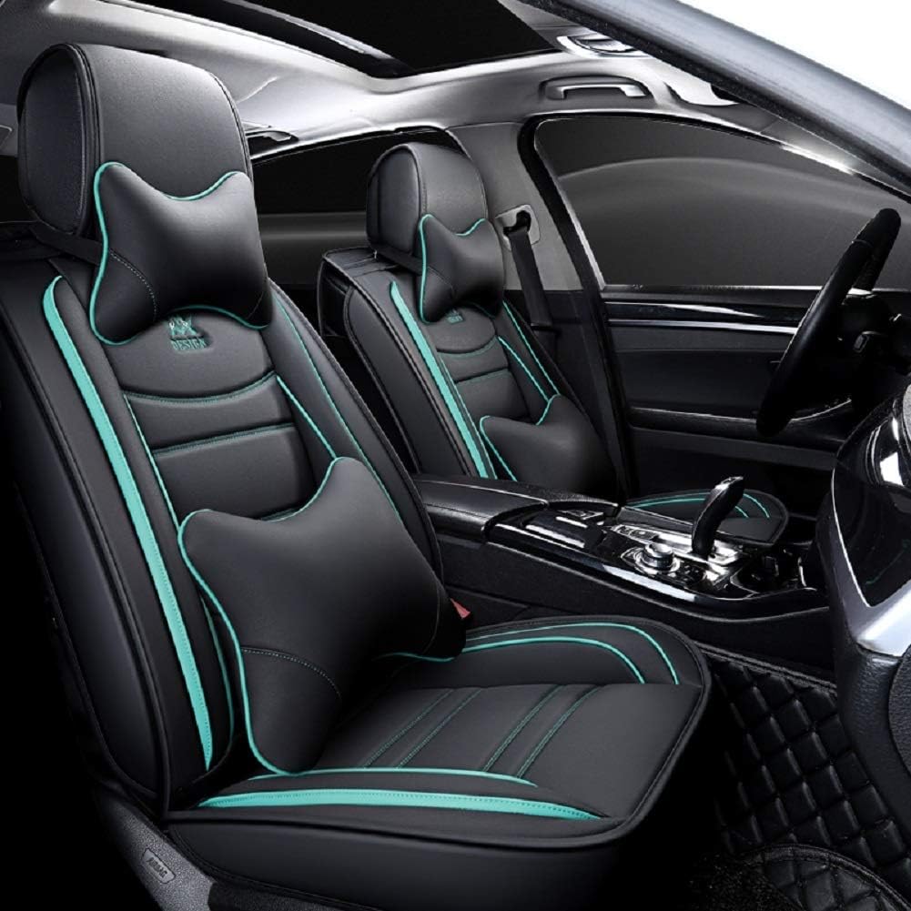 OUTOS Luxury Leather Auto Car Seat Covers 5 Seats Full Set Universal Fit(Black-White)