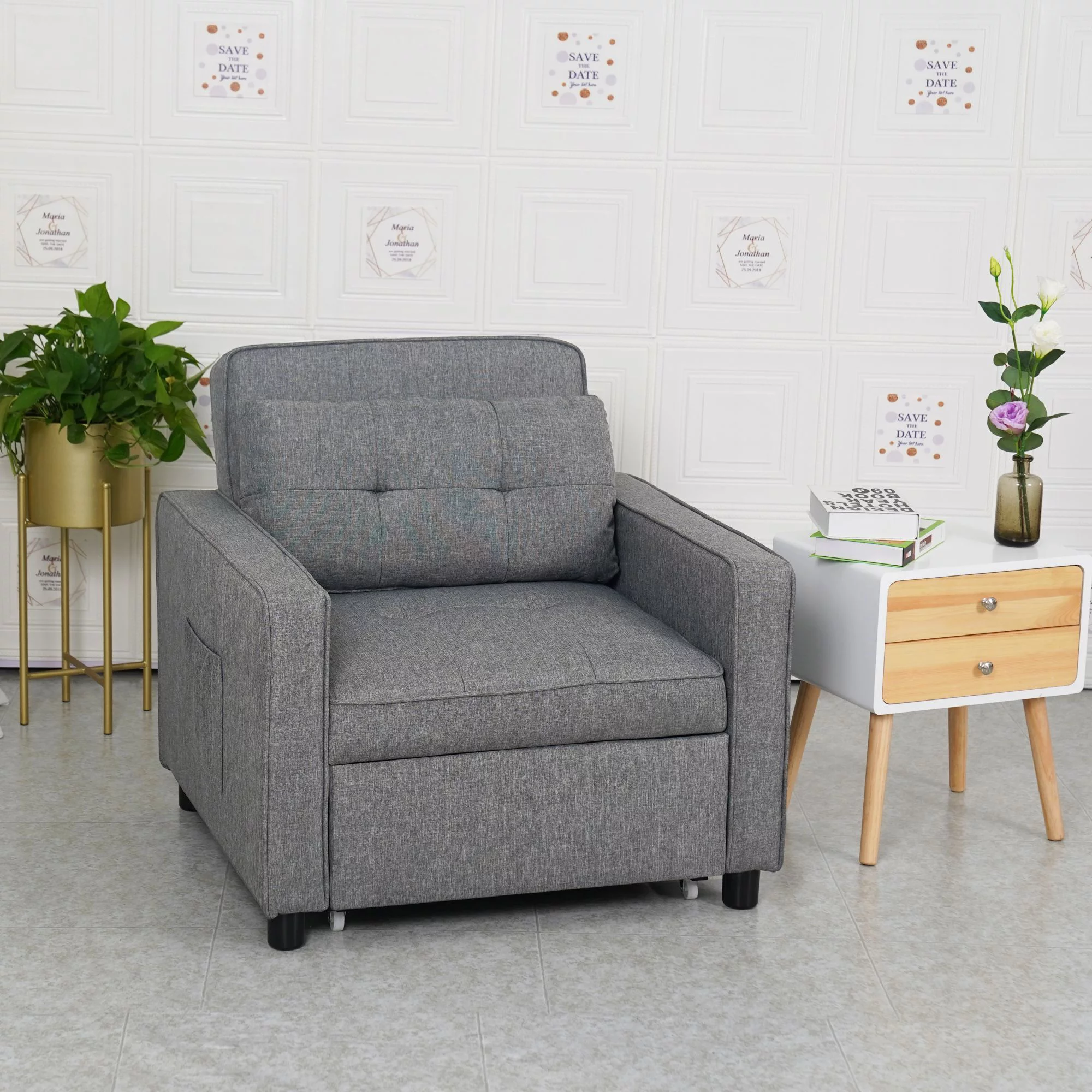 Daybed Convertible Chair Bed Sofa Sleeper 3-in-1 for Adults Single Adjustable Chair with Pillow and Pocket Linen Fabric Modern Arm Chair Light Grey