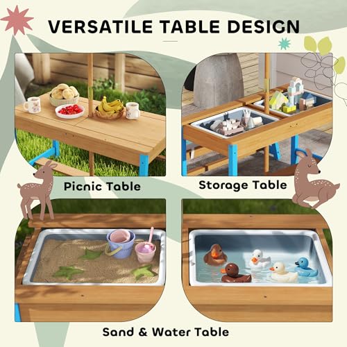 Qaba Kids Picnic Table, Wooden Table and Bench Set with Foldable Umbrella, Removable Cushions & Boxes