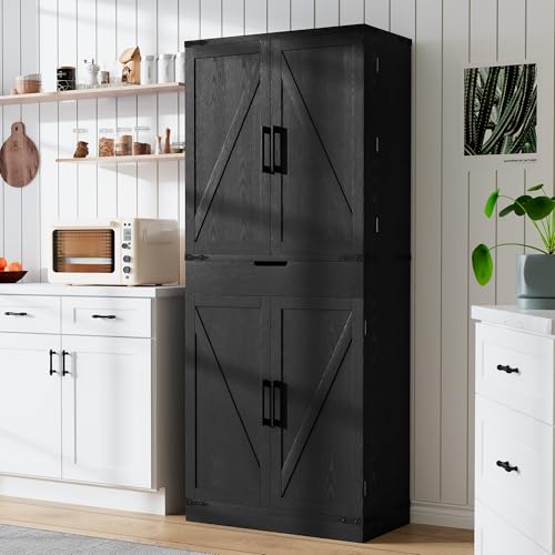 72" Tall Storage Cabinet, Kitchen Pantry Cabinet with Adjustable Shelves & Sturdy Steel Frame, Farmhouse Pantry Storage with 4 Barn Doors for Kitchen