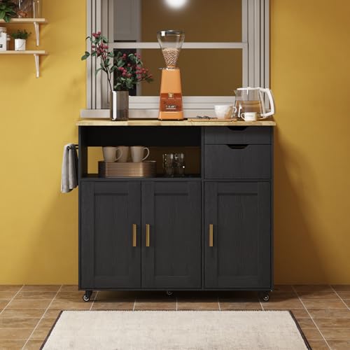 Rolling Mobile Kitchen Island Cart Bar with Drawer and Desktop Drop Leaf Countertop, Island Table Storage with 5 Wheels