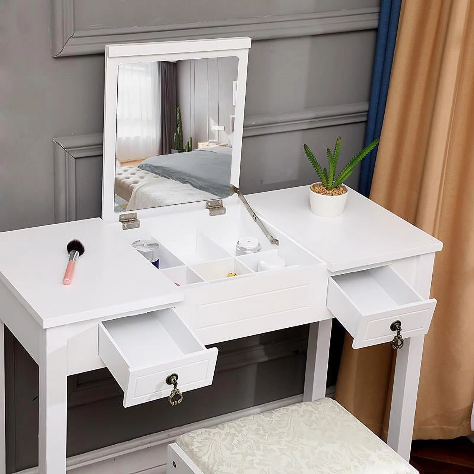 FCH Flip-top Mirror Vanity Set Makeup Dressing Table with 2 Drawers and Stool for Bedroom, White