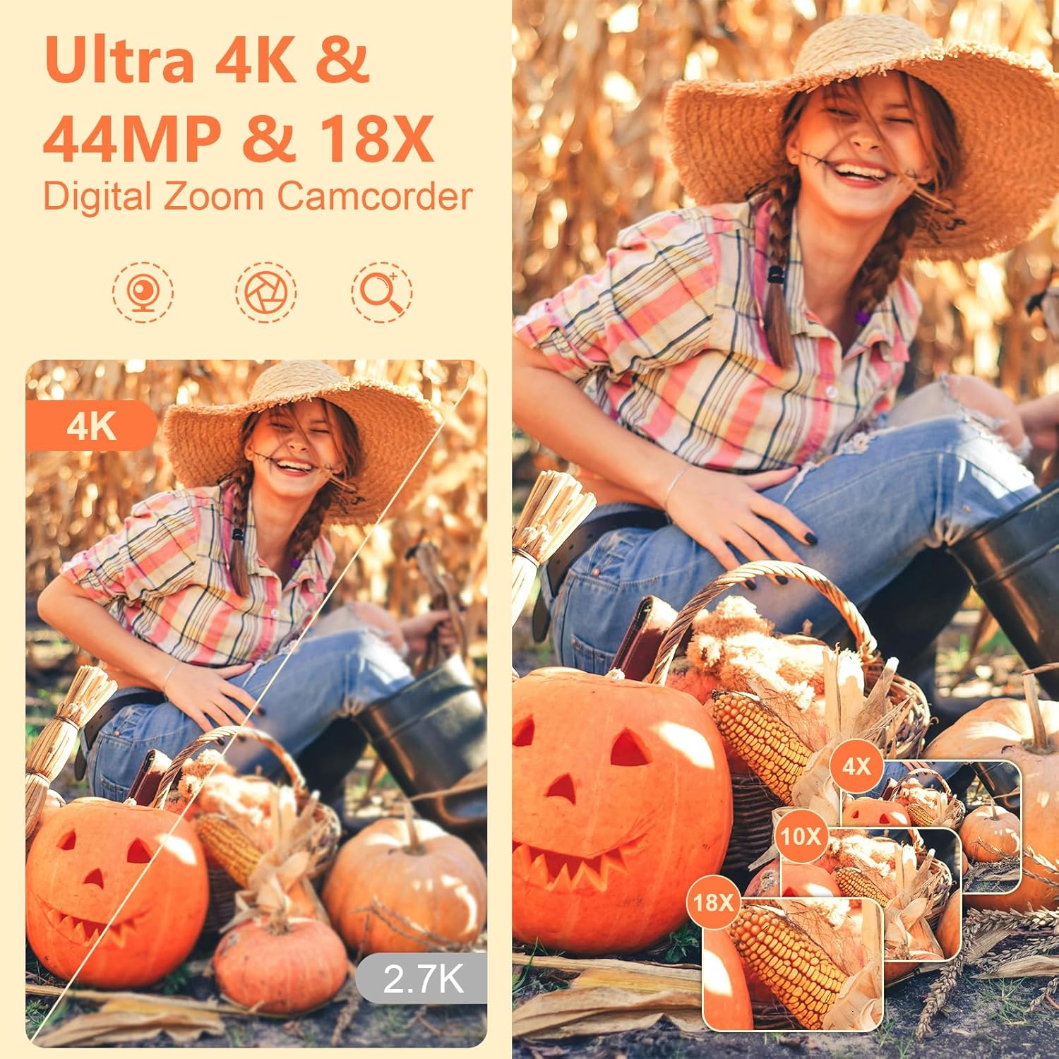 4K Camcorder Video Camera Ultra HD 44MP Vlogging Camera for YouTube 18X Digital Zoom Camcorder 3.0" IPS Screen Video Recorder with External Mic