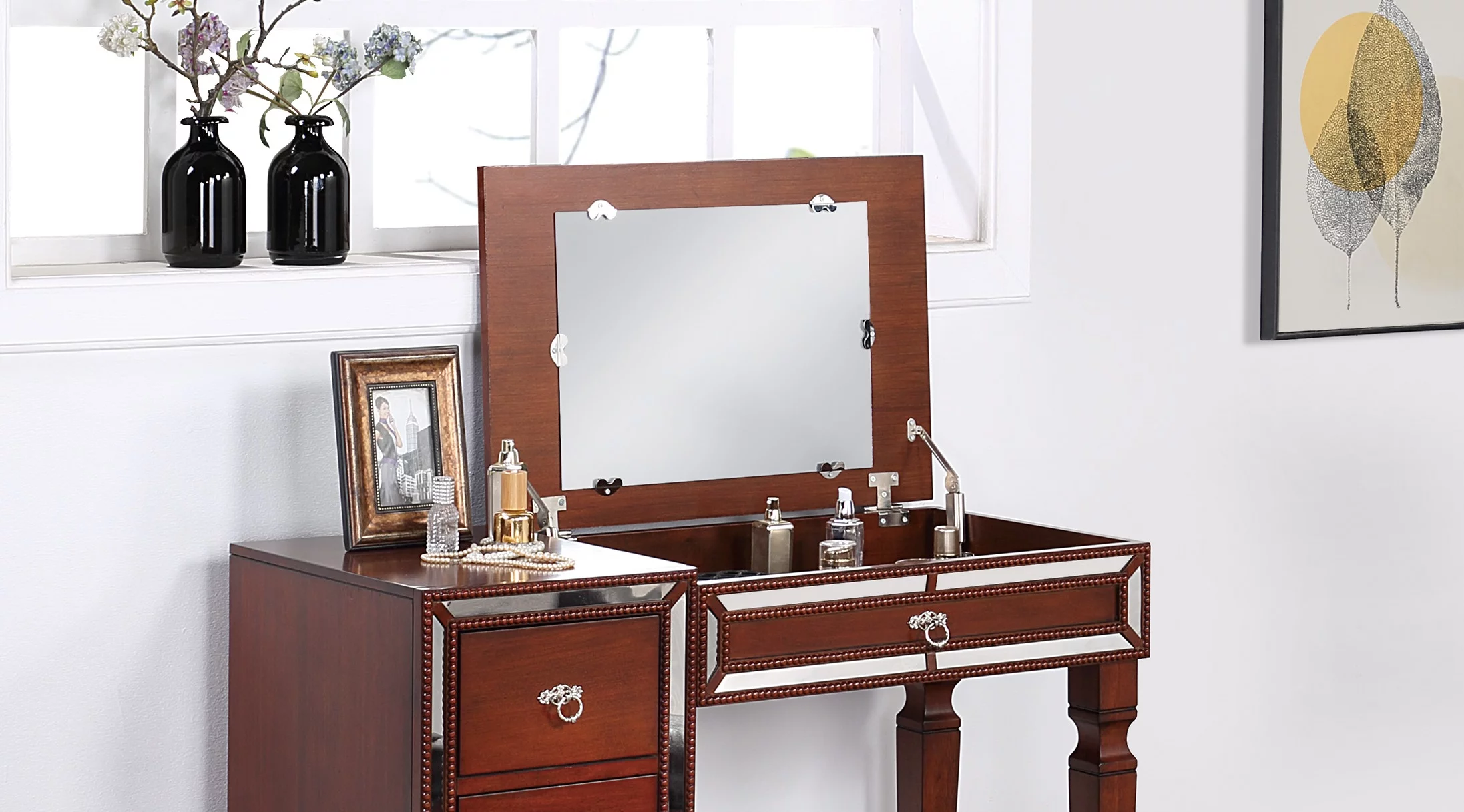 CoSoTower Traditional Formal Cherry Color Vanity Set W Stool Storage Drawers 1PC Bedroom Furniture Set Tufted Seat Stool