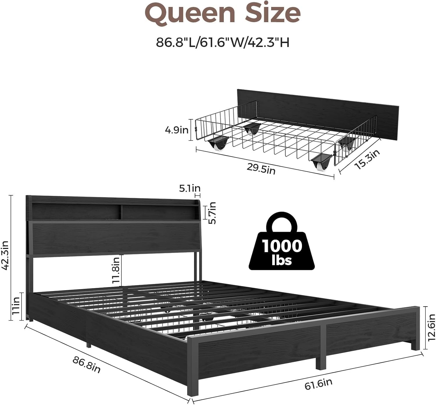 EVASTAR Queen Bed Frame with Storage Headboard and 4 Drawers, Metal Platform Bed Frame with Charging Station, Easy Assembly, Black