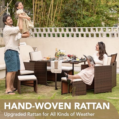 Devoko 9 Pieces Patio Dining Sets Outdoor Space Saving Rattan Chairs with Glass Table Patio Furniture Sets Cushioned Seating and Back Sectional