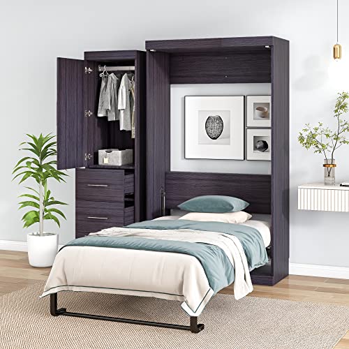DEINPPA Full Size Murphy Bed with Convertible Wardrobe Farmhouse Style Murphy Cube Cabinet Bed