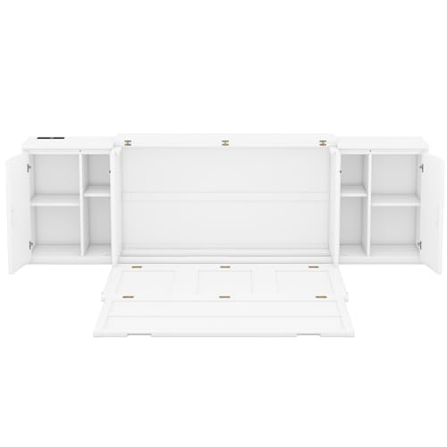 Queen Size Murphy Wall Bed With Storage and Bookcase Headboard, Solid Wood Cabinet With Shelves and USB Ports